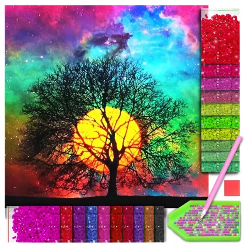 Haft Diamentowy 5D Drzewo Zachód Słońca - Mozaika Diamond Painting 30x30cm