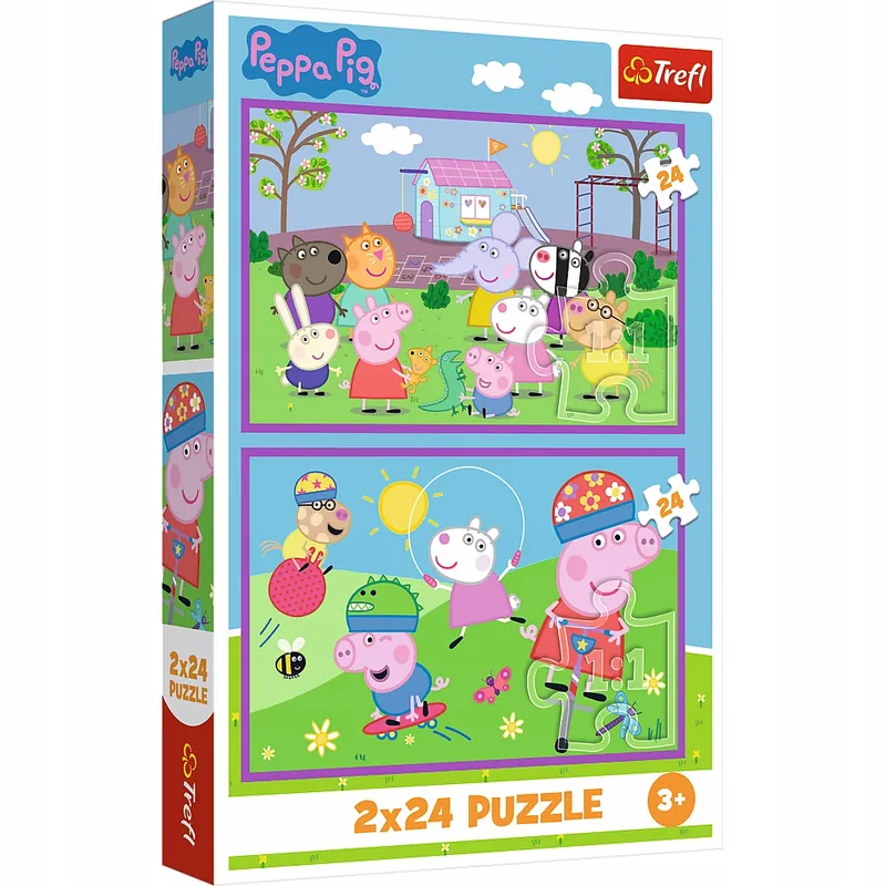 34435 trefl puzzle 2x24 elementy świnka peppa, peppa na placu zabaw