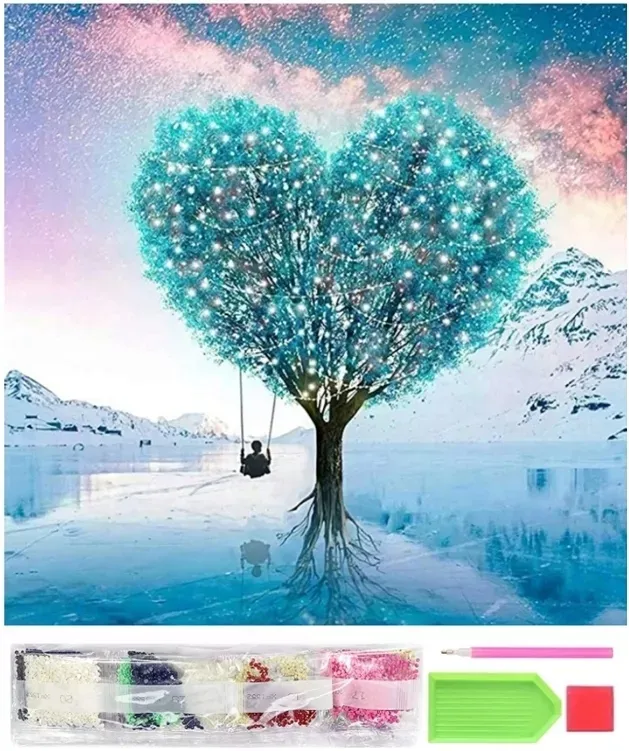 Haft Diamentowy Drzewo Serce 30x30 cm – Zestaw Mozaika 5D