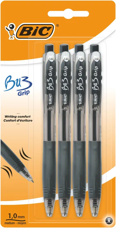 Długopis BIC Bu3 Grip czarny, blister 4 sztuki