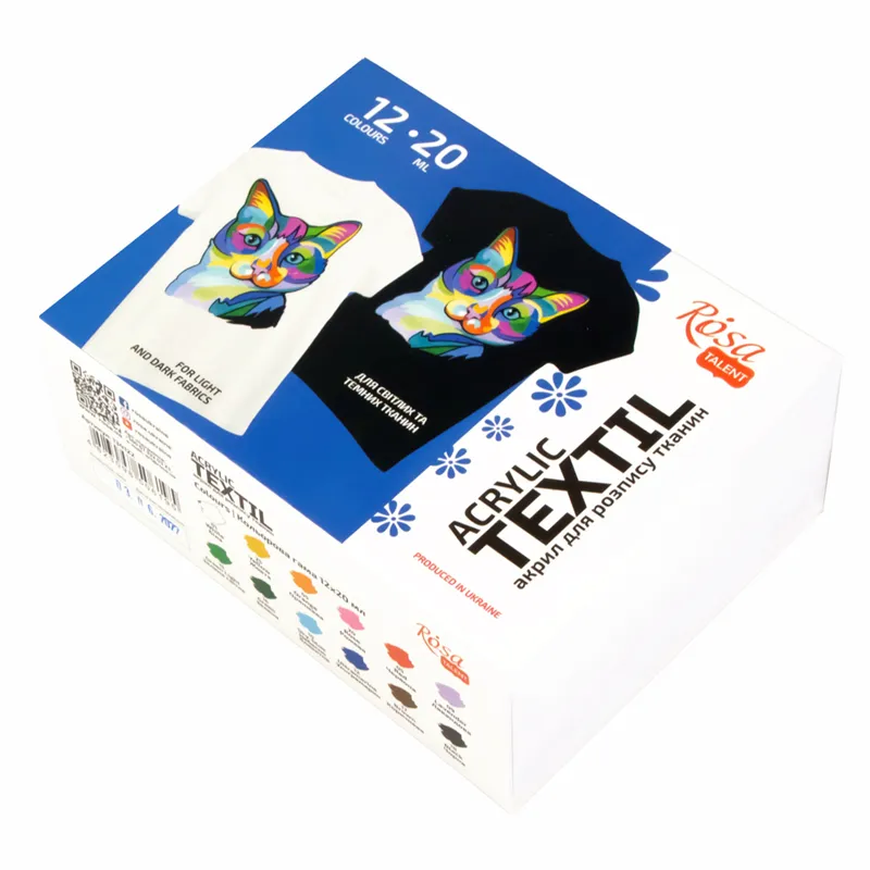Farby do tkanin 12x20 ml, zestaw akrylowy