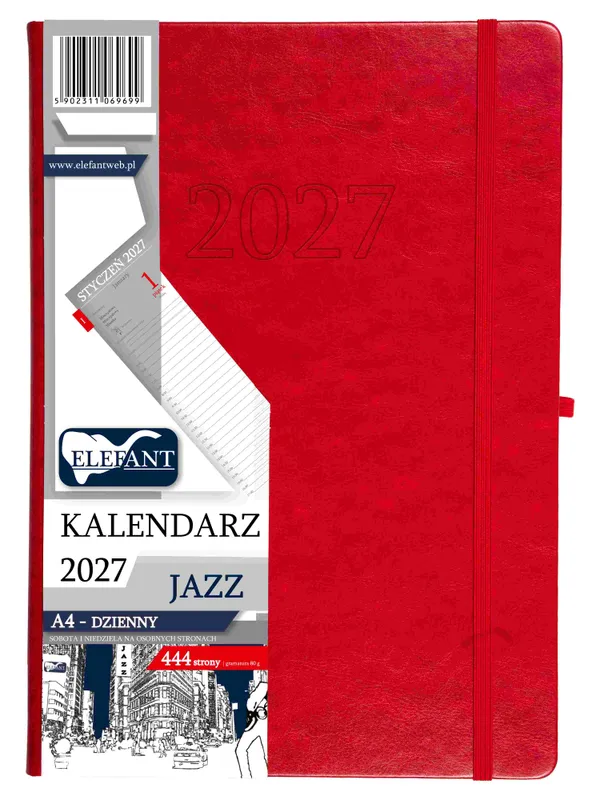 Kalendarz 2027 Jazz A4 dzienny, czerwony, książkowy