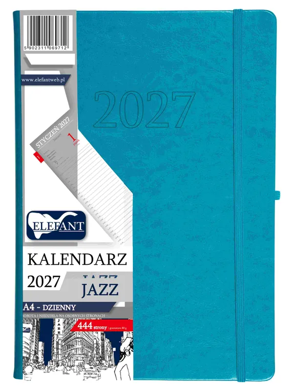 Kalendarz 2027 Jazz A4 dzienny turkusowy, Elefant kalendarze