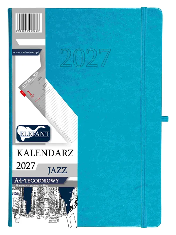 Kalendarz 2027 Jazz A4 tygodniowy turkusowy, Elefant