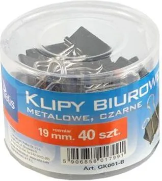 Klipy 19 mm Tetis 40 sztuk czarne, biurowe ze stali