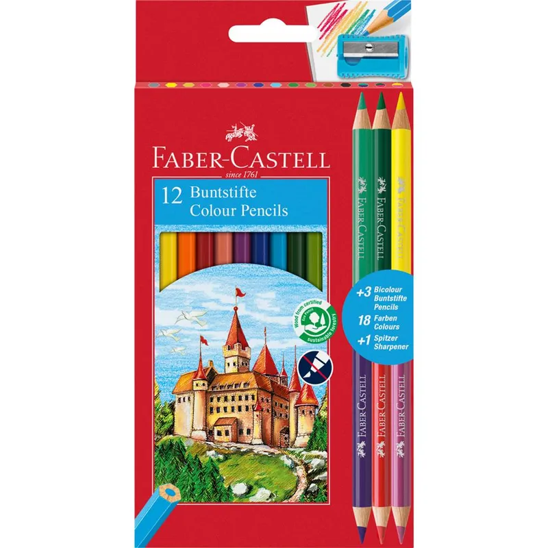 Kredki ołówkowe Faber-Castell 12 kolorów +3 dwustronne