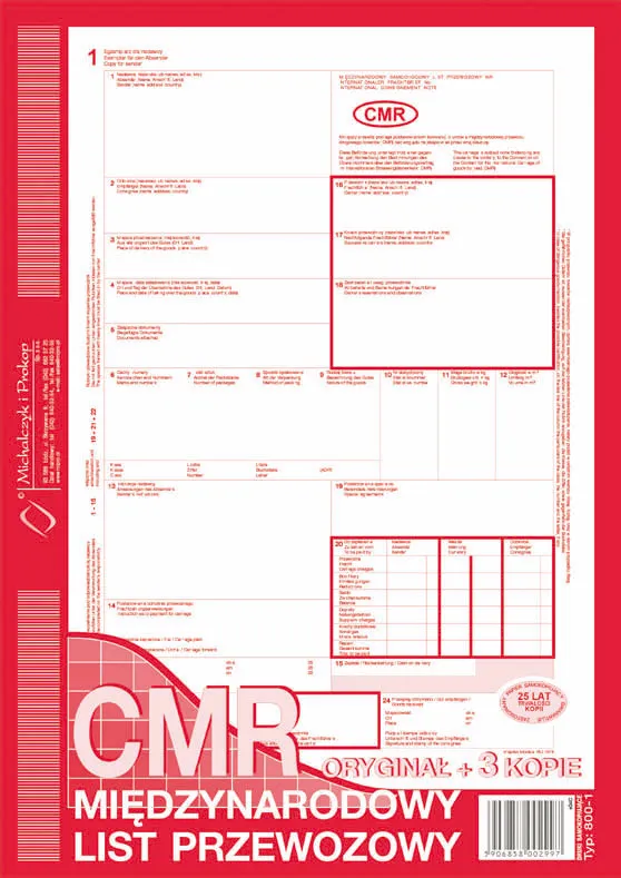 Międzynarodowy List Przewozowy CMR A4 oryg. + 4 kopie