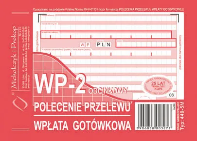 Polecenie przelewu wpłata gotówkowa A6, 2 odcinkowe