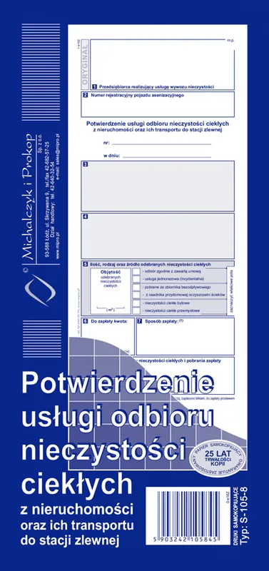 Blok potwierdzeń odbioru nieczystości ciekłych, 1/3 A4