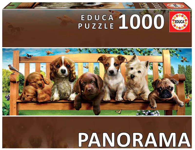 Puzzle 1000 elementów Szczenięta na ławce panorama Educa