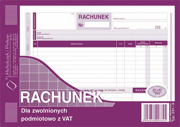 Rachunek A5 dla zwolnionych z VAT, poziom