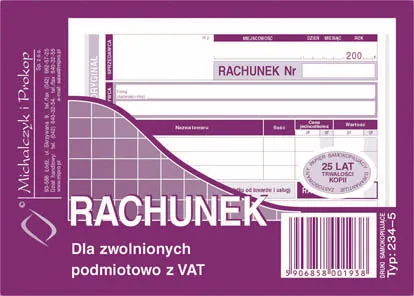 Rachunek A6 dla zwolnionych z VAT, bloczek