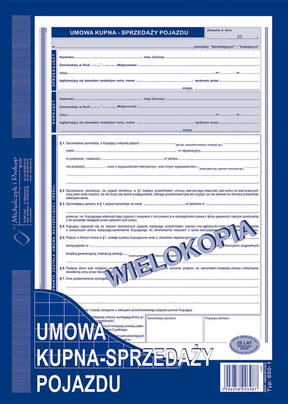 Umowa kupna-sprzedaży pojazdu, wielokopia A4